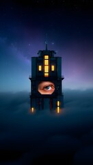 Eye building architecture night sky stars clouds surreal dreamscape fantasy cityscape art