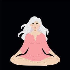 Girl with white hair sitting in lotus position, flat style, minimalism, black background