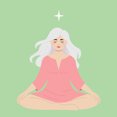 Girl with white hair sitting in lotus position, flat style, minimalism, pastel colors, green background