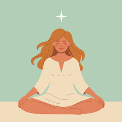 Girl sitting in lotus position, flat style, minimalism, pastel colors