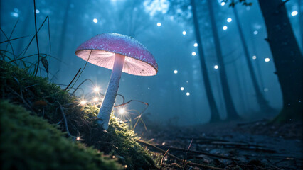 Fototapeta premium Glowing mushroom forest scene pink blue