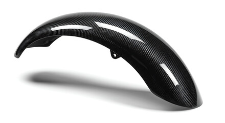 A high-performance motorcycle front fender meticulously crafted from carbon fiber, presented in a clean studio shot isolated on a white background.