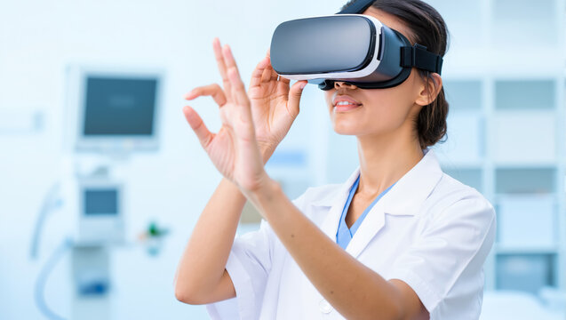 Woman doctor in VR headset uses technology, innovation for medical healthcare, virtual reality in digital future. Future Medical Technology concept.