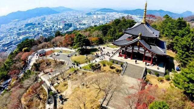 An aerial view of the Kiyomizu dera Temple showcasing its elevated position and panoramic views of Kyoto