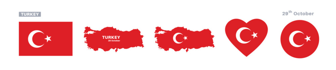 turkey flag and map set. turkey flag in official colors and proportions. independence day 29 october, map, circle and heart shaped turkey 