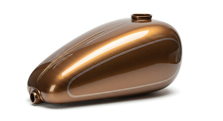 An elegantly custom-painted motorcycle gas tank, isolated on a pristine white background