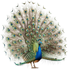 Obraz premium Majestic Peacock Displaying Its Full Plumage with Intricate Eye Patterns PNG Isolated on Transparent Background