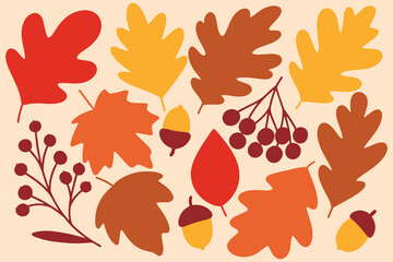 Warm fall design with detailed leaves, acorns, berries and branches in orange, red and yellow shades on light background