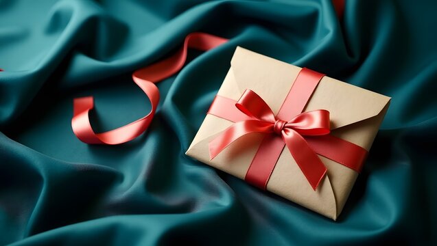 Gift envelope with red ribbon on teal satin image