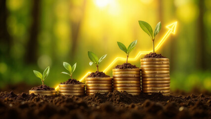 Financial growth and sustainability symbolized by green sprouts growing on stacks of golden money. Concept of eco-conscious business.