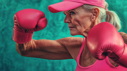 senior woman in pink boxing gloves and cap, assuming a boxing stance on a turquoise background,
