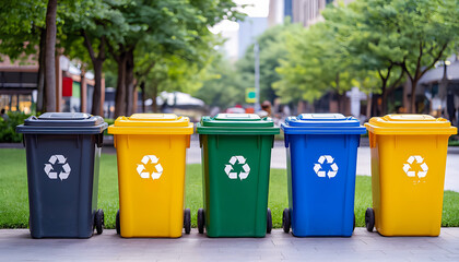 Multi-colored containers for separate waste collection on a city street.