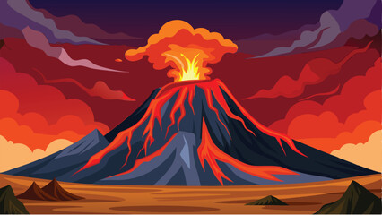 Illustrative Volcano Eruption with Lava Flowing Against Dramatic Sky and Sparse Landscape Scene © Brojendra