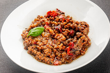 Lentil dish vegetables and roasted peppers savory vegetable fresh vegetarian and vegan food gourmet food background on the table rustic food top view copy space keto and paleo diet