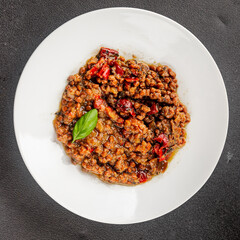 Lentil dish vegetables and roasted peppers savory vegetable fresh vegetarian and vegan food gourmet food background on the table rustic food top view copy space keto and paleo diet