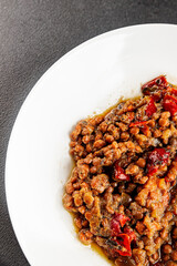 Lentil dish vegetables and roasted peppers savory vegetable fresh vegetarian and vegan food gourmet food background on the table rustic food top view copy space keto and paleo diet