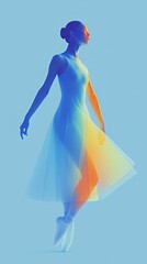 Dancer in graceful pose with vibrant colors set against a soft blue background
