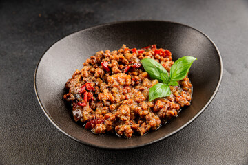Lentil dish vegetables and roasted peppers savory vegetable fresh vegetarian and vegan food gourmet food background on the table rustic food top view copy space keto and paleo diet