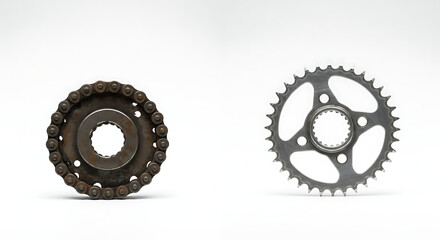 A powerful visual contrast between an old, rusty motorcycle sprocket with a chain and a brand new, shiny one. 