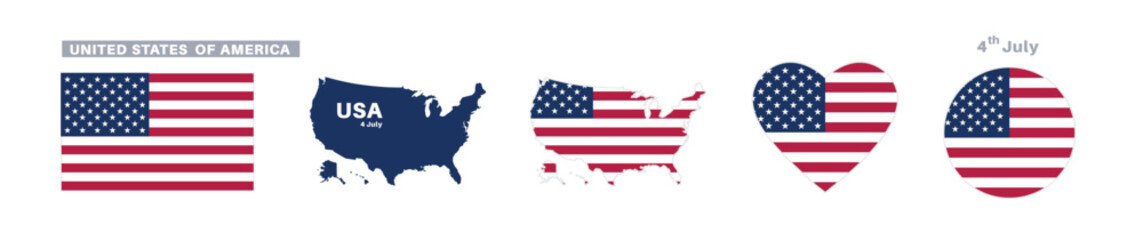 United states of america flag and map set. USA flag in official colors and proportions. independence day 4 july, map, circle and heart shaped america 