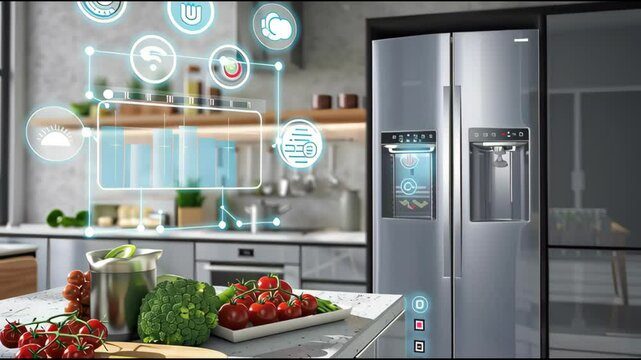 Vibrant Smart Kitchen Counter with Fresh Produce, Smart Fridge Dashboard, Weather and Network Graph Icons Floating Above