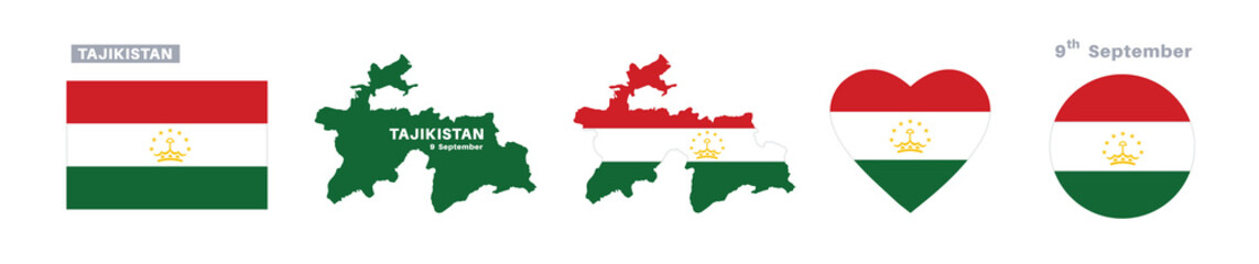 tajikistan flag and map set. tajikistan flag in official colors and proportions. independence day 9 september , map, circle and heart shaped tajikistan 