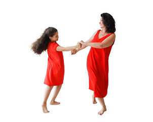 Celebrating joy and connection as a mother and daughter twirl in red dresses, transparent background
