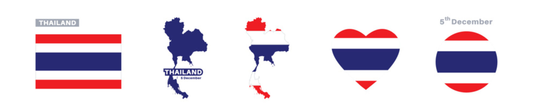 thailand flag and map set. thailand flag in official colors and proportions. independence day 5 december , map, circle and heart shaped thailand 