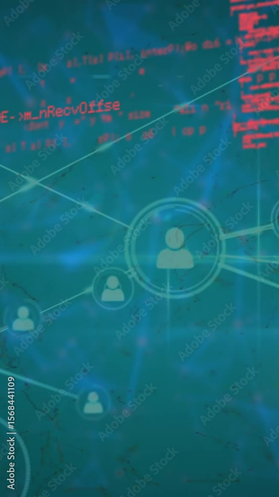 Poster animation of icons connected with lines over computer language against blue abstract pattern