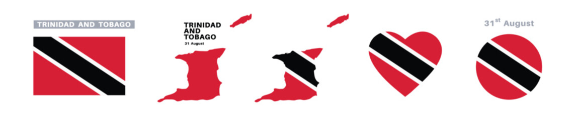 trinidad and tobago flag and map set. trinidad and tobago flag in official colors and proportions. independence day 31 august, map, circle and heart shaped trinidad and tobago