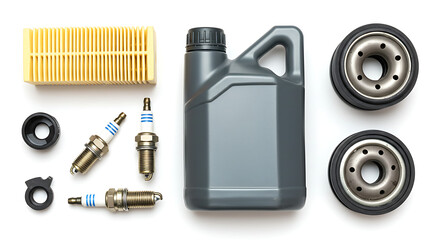A comprehensive collection of essential car maintenance and service parts, neatly arranged in a top-down flat lay on a clean white background.