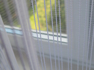 Sheer white curtains softly filtering sunlight in a cozy room, creating a serene atmosphere with...