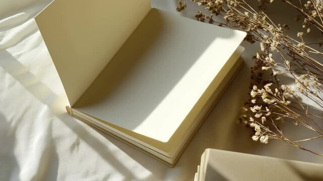 Neutral-toned journal resting on a soft fabric with dried flowers under warm sunlight