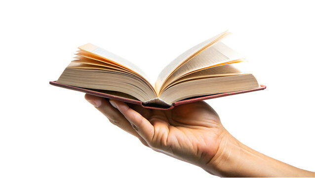 An open book held in a hand isolated on transparent background - Powered by Adobe