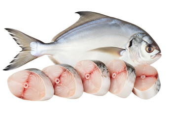 Silver Pompano Whole Fish and Fillet Slices isolated on a transparent background seafood