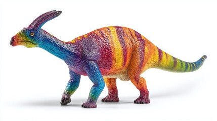Obraz premium Colorful Parasaurolophus: Striking dinosaur figure with rainbow hues and distinctive head crest. A vibrant depiction of a prehistoric herbivore.