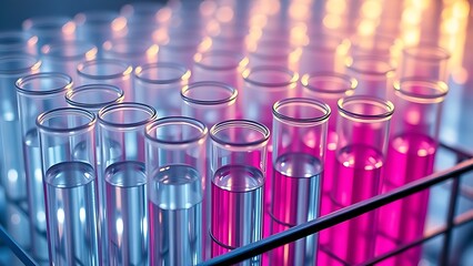 Close-up of glass test tubes with softly glowing liquids, highlighting scientific precision and experimentation.
