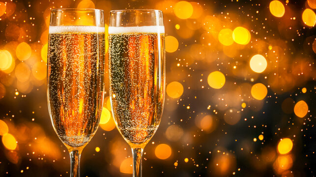 Elegant celebration with sparkling champagne flutes against a festive golden background