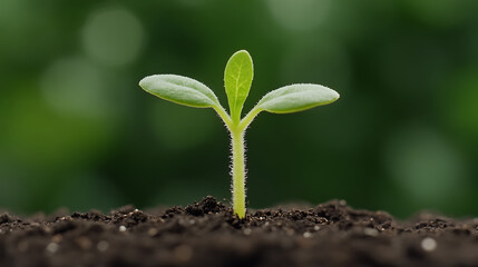 Fototapeta premium A tiny sprout emerges from rich, dark soil. Green leaves reach for the sun, symbolizing growth, hope, and the promise of new beginnings. Nature's beauty.