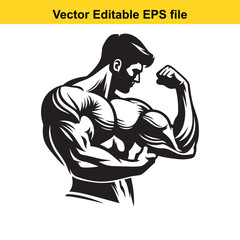 Strong Man Biceps Flexing Muscles, Bodybuilding Black and White Vector Illustration for Fitness or Gym Posters