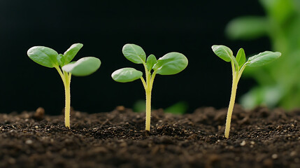 Fototapeta premium Seedlings emerging from soil represent growth, renewal and promise. The tiny leaves reach toward the light, a symbol of resilience and the potential for future abundance.
