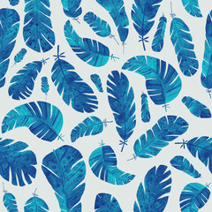 Pattern with hand drawn blue birds feather in watercolor technic. Endless print on light blue background. Print for home textile, bed linen, women's wear.