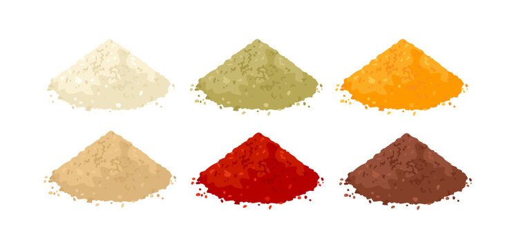 Set of multicolor powders. Heaps of different spices. Vector cartoon flat illustration.