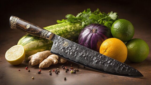 Knife with textured blade surrounded by various colorful fruits and vegetables on a brown surface, creating a vibrant and culinary-themed still life.