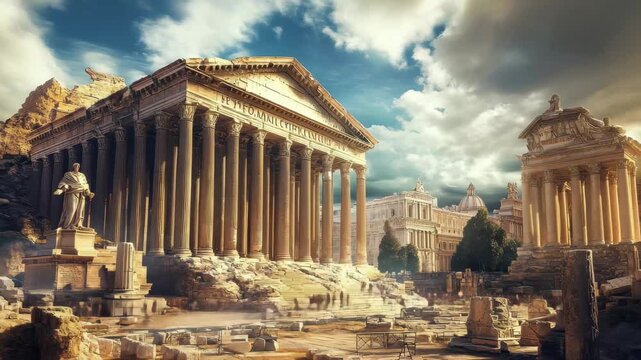 Ancient ruins in a vibrant landscape with majestic columns and a dramatic sky at sunset