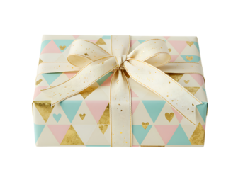 Gift Box with Pastel Triangle Pattern and Cream Bow isolated on a transparent background