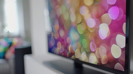Sleek flat-screen TV displayed on minimalist white shelf, modern home entertainment and technology concept for living room interior design.
