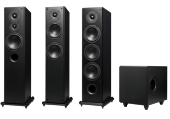 Four Black Tower Speakers and Subwoofer Set isolated on a transparent background black speakers
