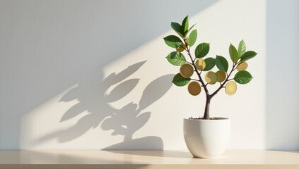 Tree of gold coins on a shelf near a white wall, Light from the window. Minimalistic Copy Space Template