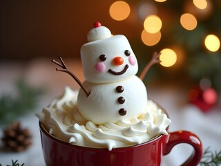 Marshmallow snowman chocolate, a cheerful sweet treat in a festive red mug